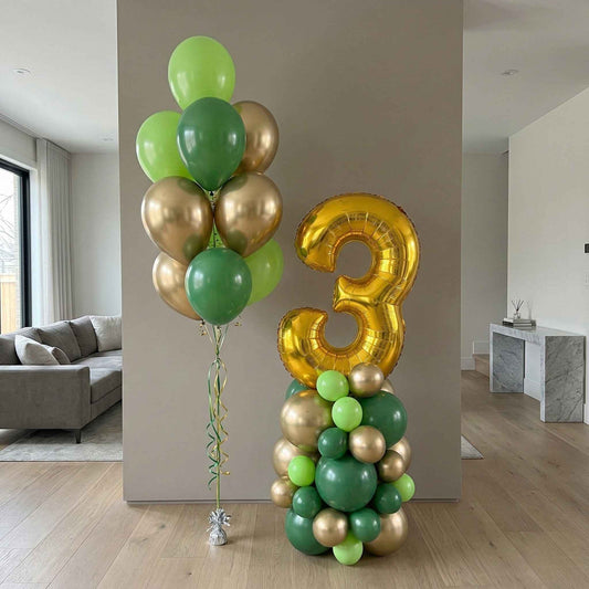 Gold and green balloons with a number 3 in a living room setting