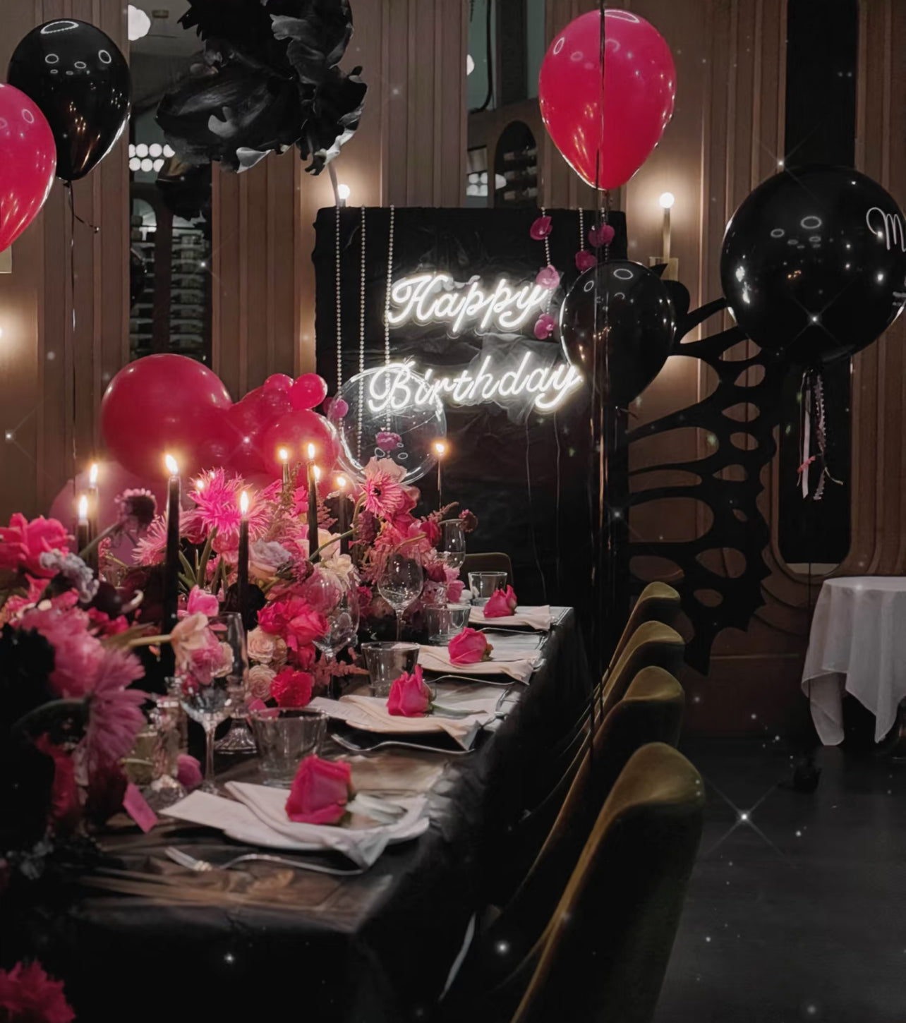 Luxury Hollywood Barbie Black Pink Fresh Floral and Balloon Backdrop Birthday Package