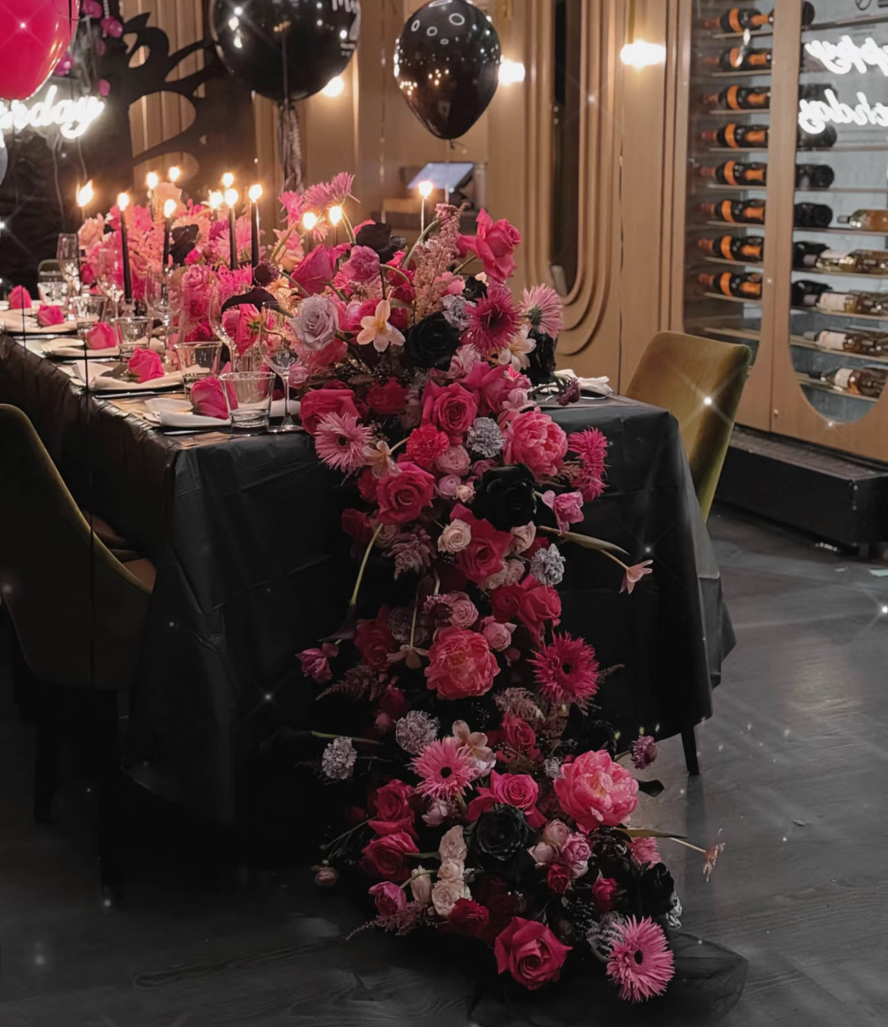 Luxury Hollywood Barbie Black Pink Fresh Floral and Balloon Backdrop Birthday Package