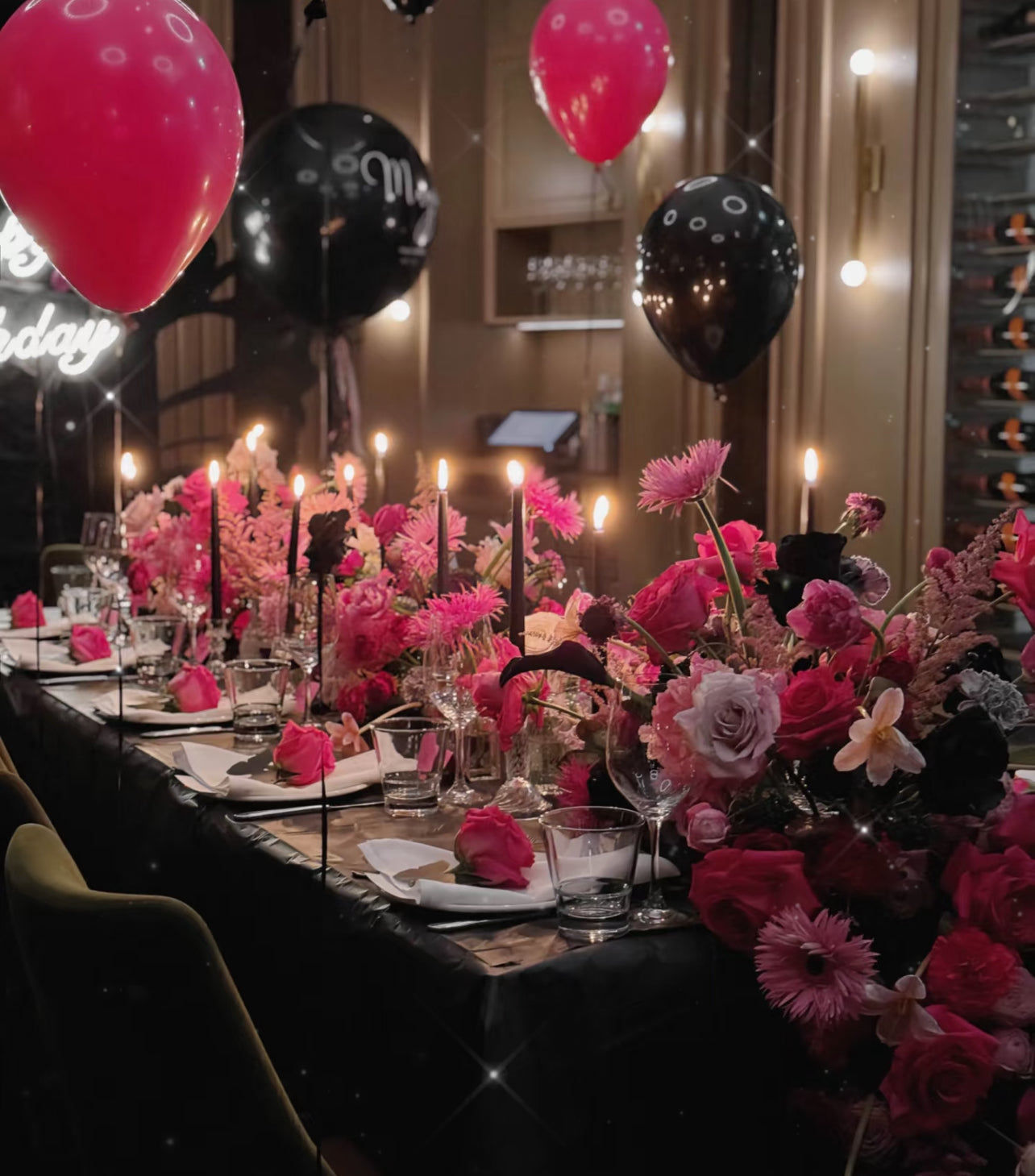 Luxury Hollywood Barbie Black Pink Fresh Floral and Balloon Backdrop Birthday Package
