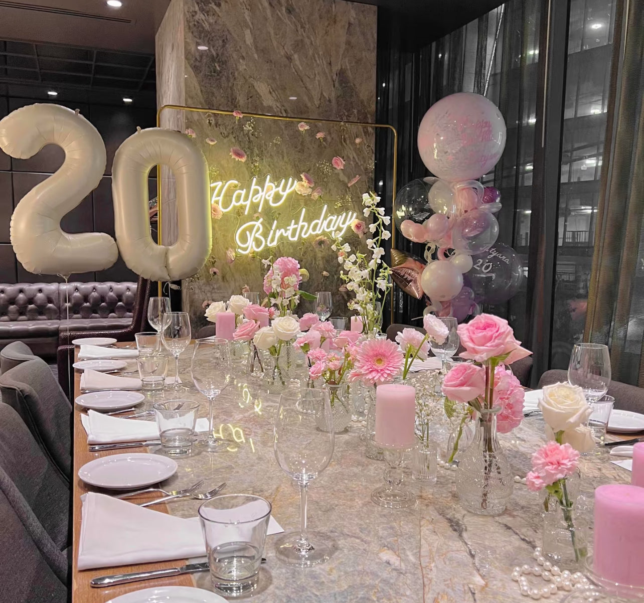 Beverly Hills Princess Birthday Glam Tan Pink Fresh Floral and Customized Helium Balloon Set