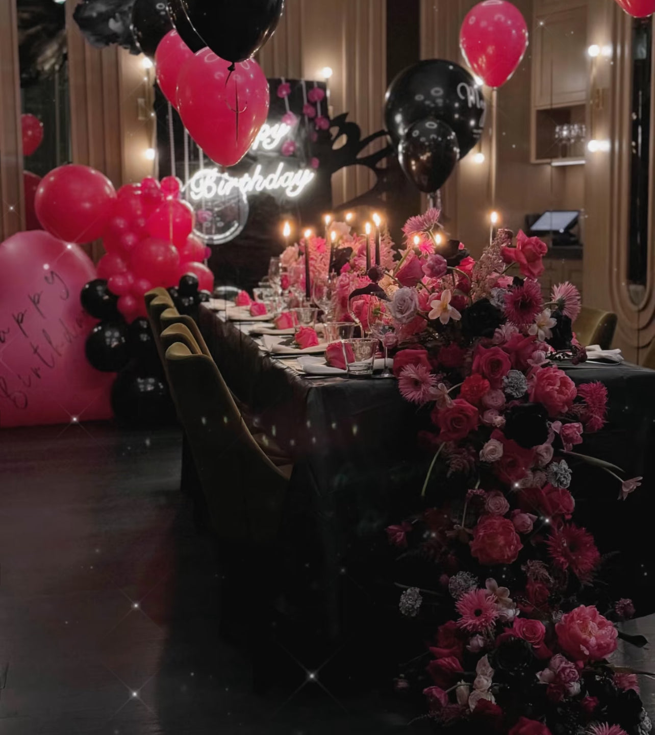 Luxury Hollywood Barbie Black Pink Fresh Floral and Balloon Backdrop Birthday Package