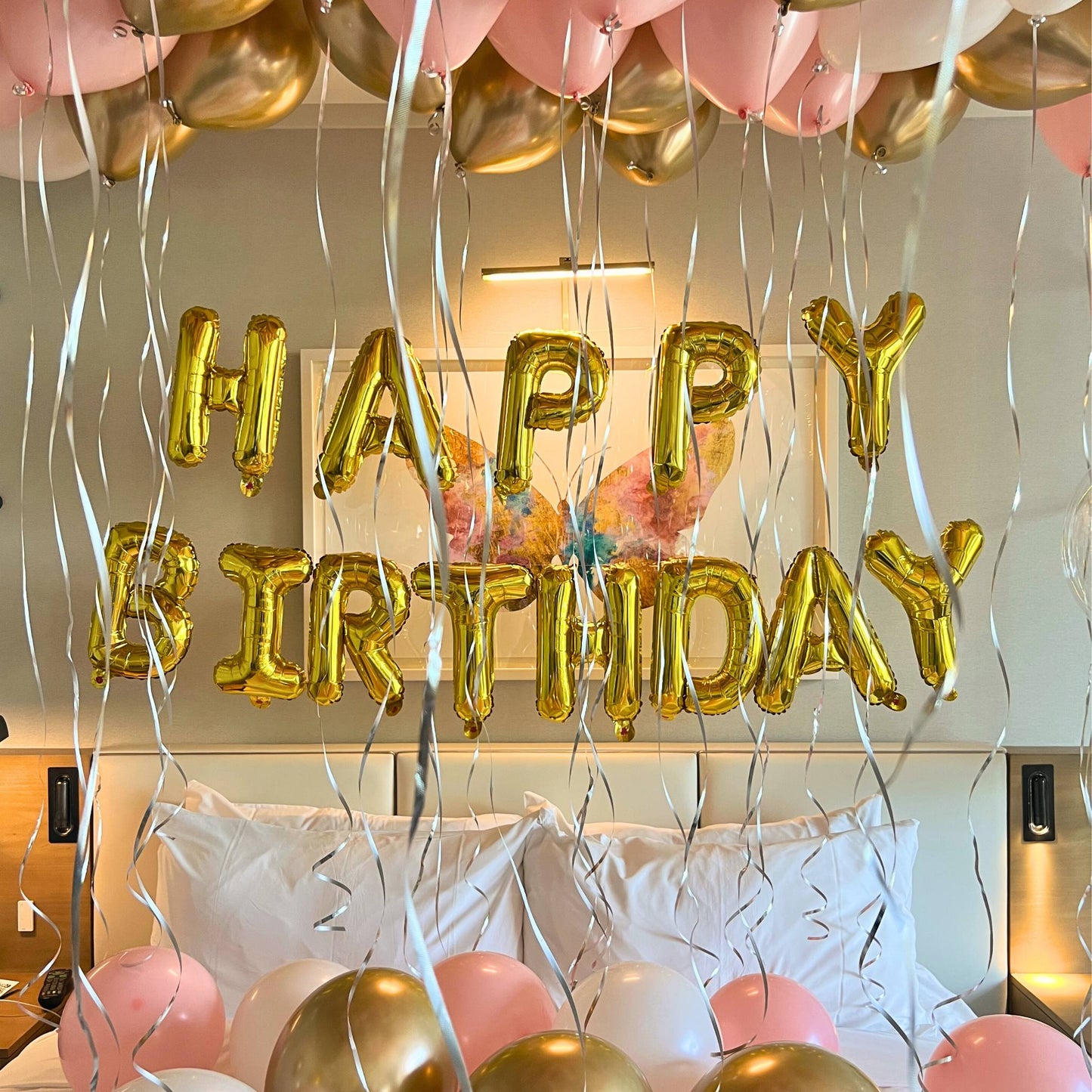 Happy Birthday Foil Banner Gold with silver ribbon