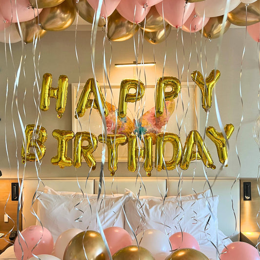 Happy Birthday Foil Banner Gold with silver ribbon