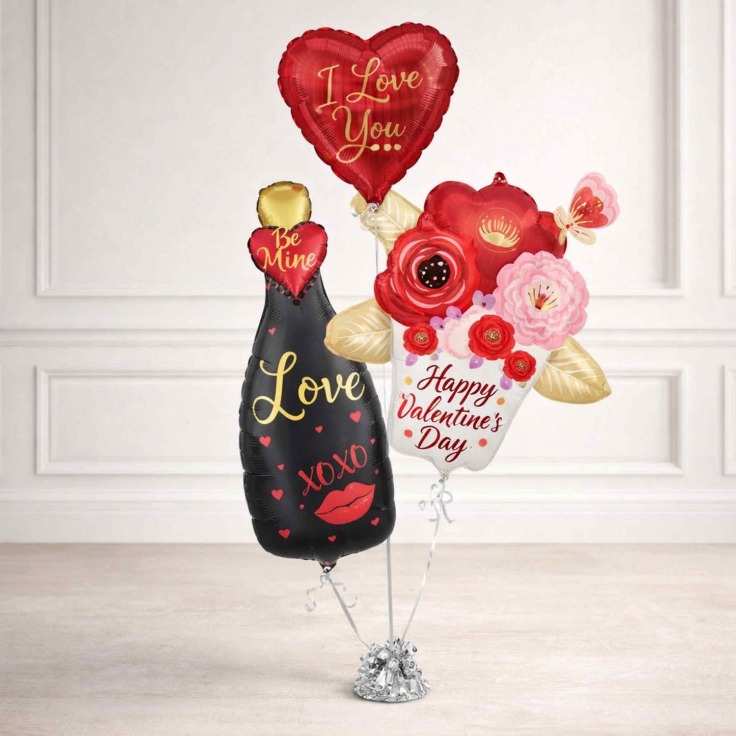 Valentine's Day-themed balloons including a heart, bottle, and flower bouquet on a white background.
