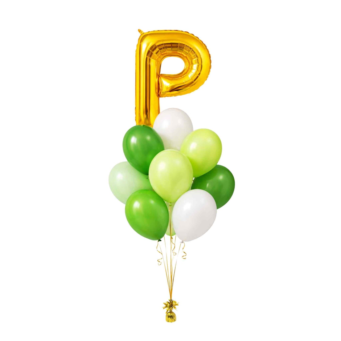 Gold letter 'P' balloon with green, white, and yellow balloons on a white background