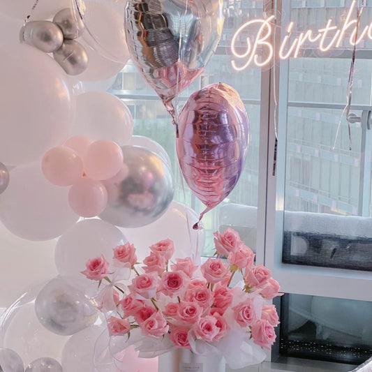New York Time Square Snow White pastel pink fresh floral and balloon Birthday decoration set