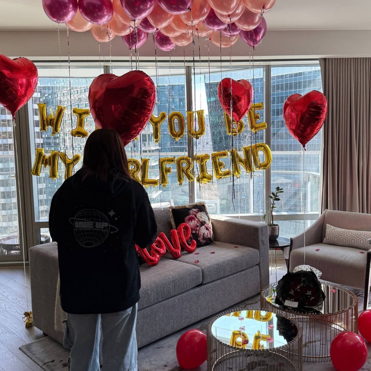Will you be my girlfriend love balloon package with a flower bouquet