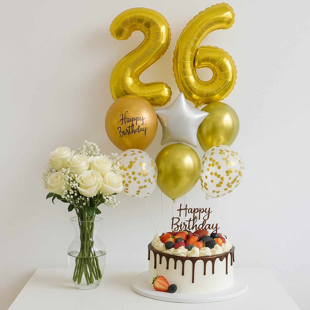 Classic Birthday Celebration Balloon Flower Cake Bundle (FREE Bonus Card)