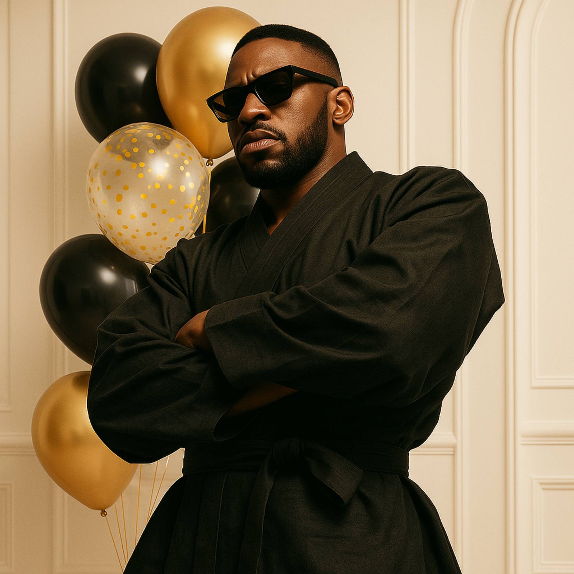 Man in a black robe with sunglasses standing in front of balloons against a beige wall.