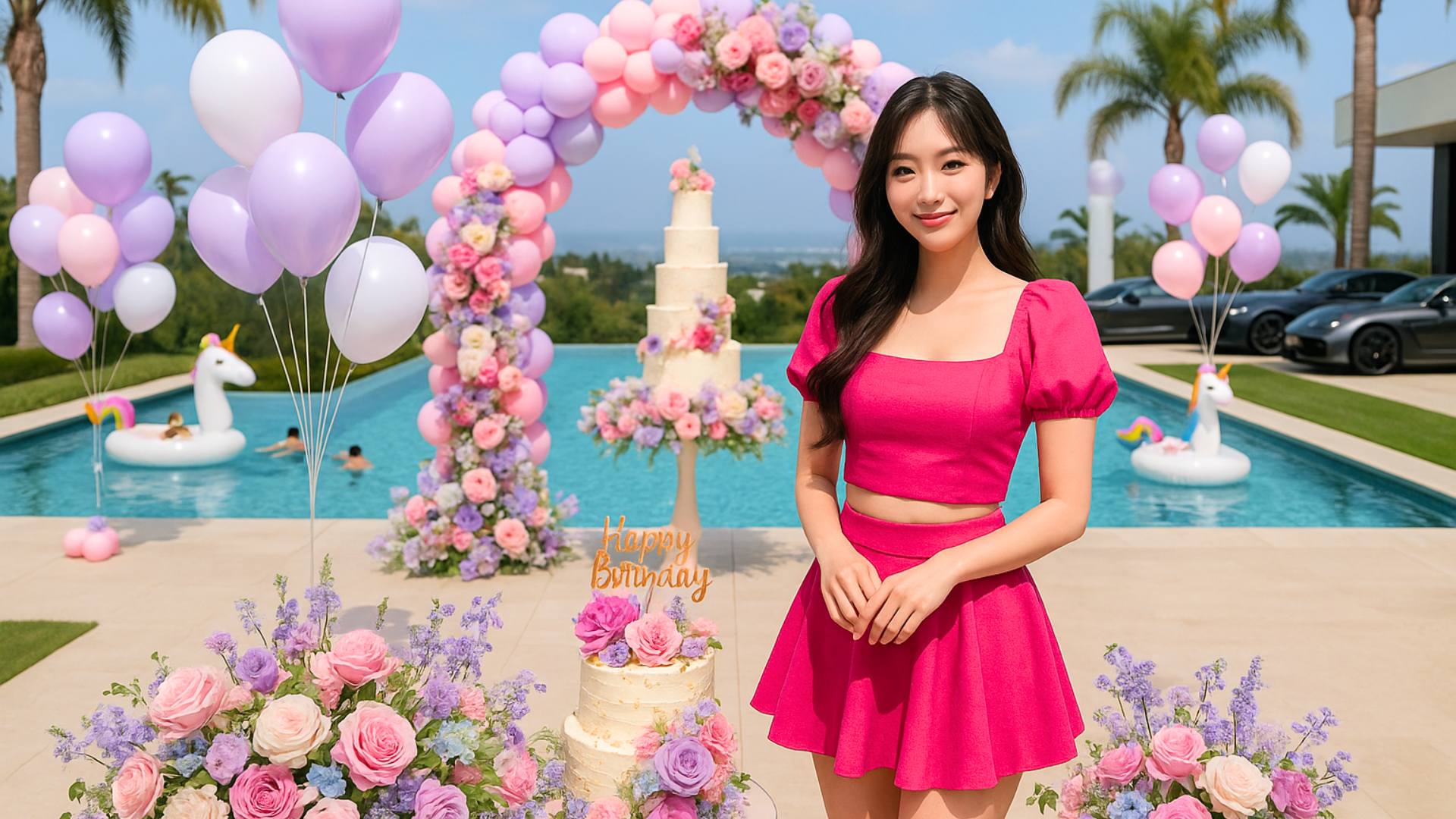 Woman in a pink dress standing in front of a decorated pool area with balloons and flowers.