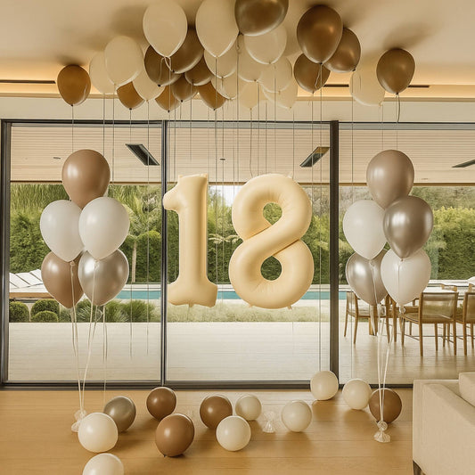 Decorative balloons with the number '18' in a modern indoor setting.