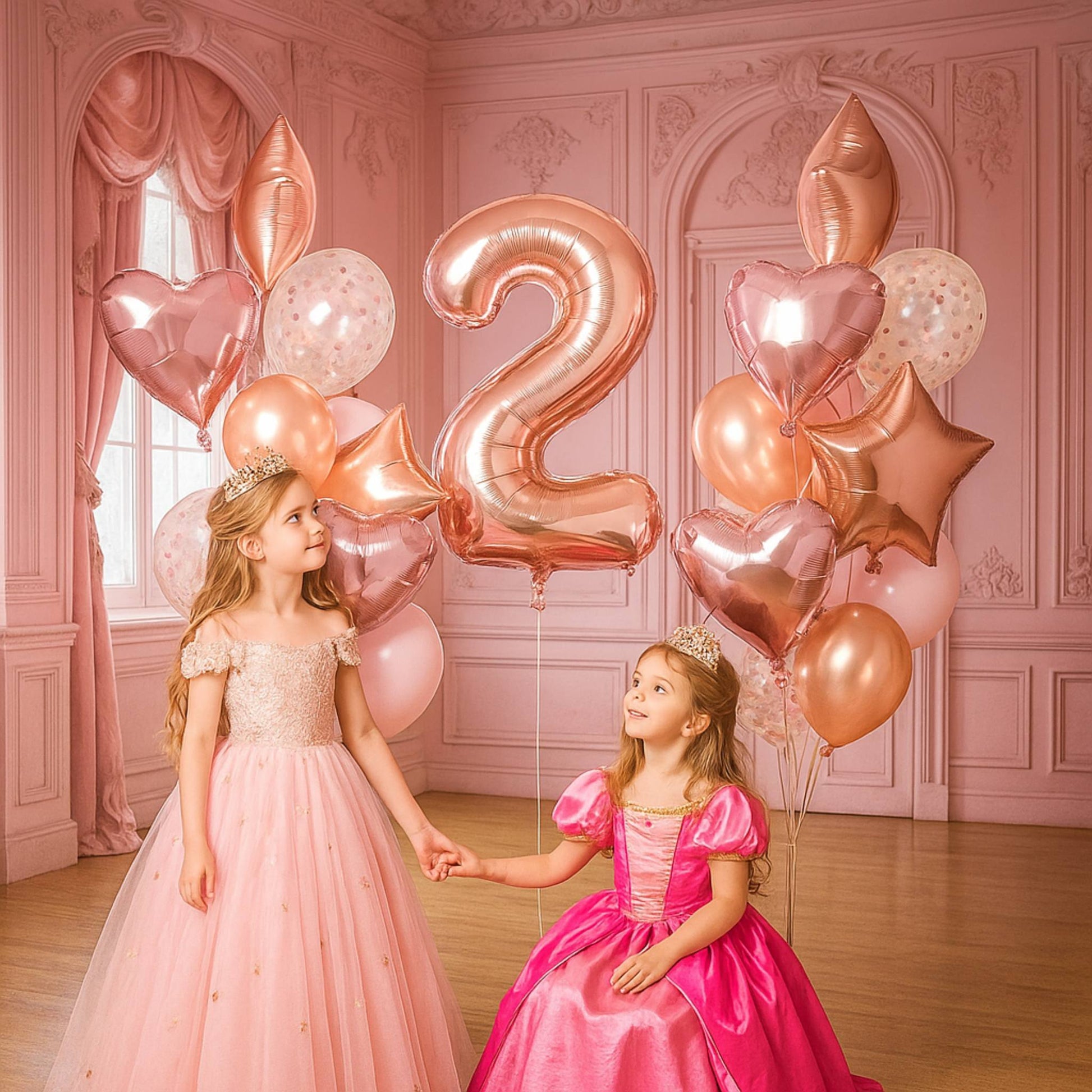Two young girls in pink dresses holding hands with rose gold balloons shaped like numbers and stars in a decorated room.