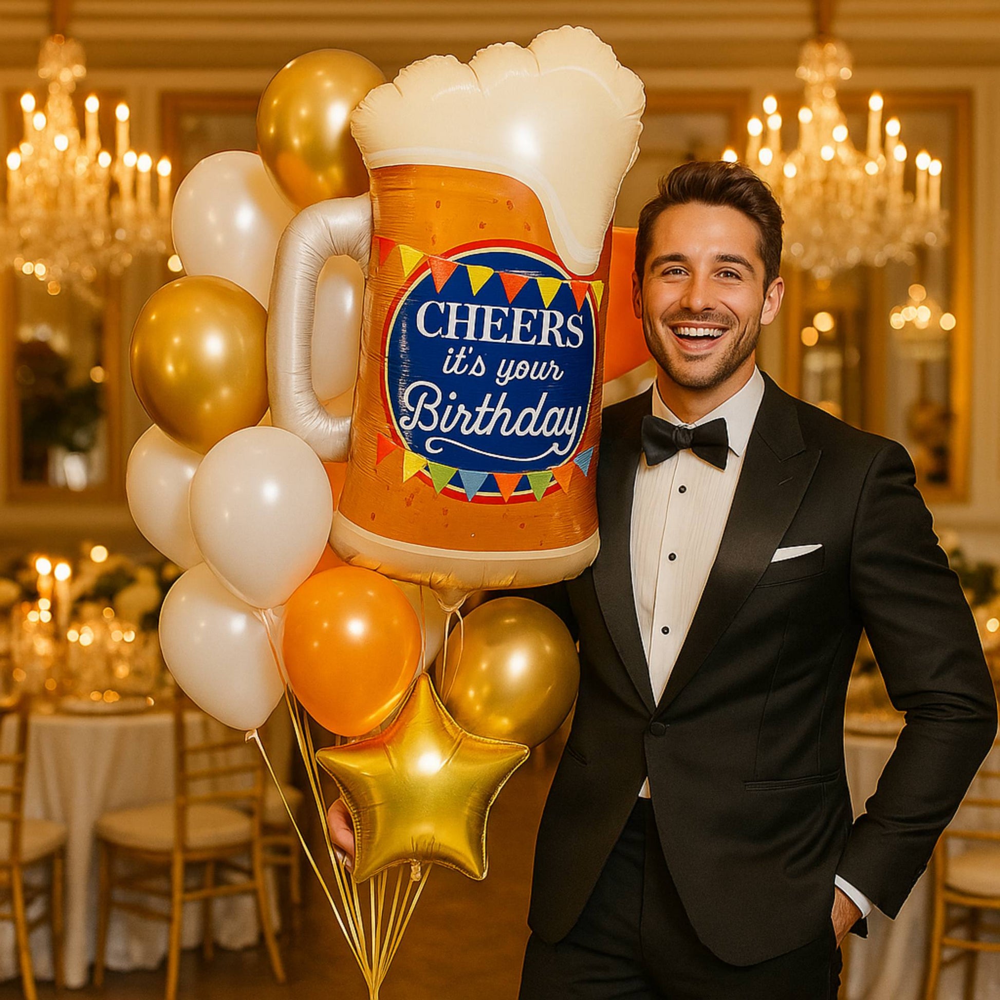 Man in a tuxedo holding a large inflatable beer mug with balloons in a celebratory setting.