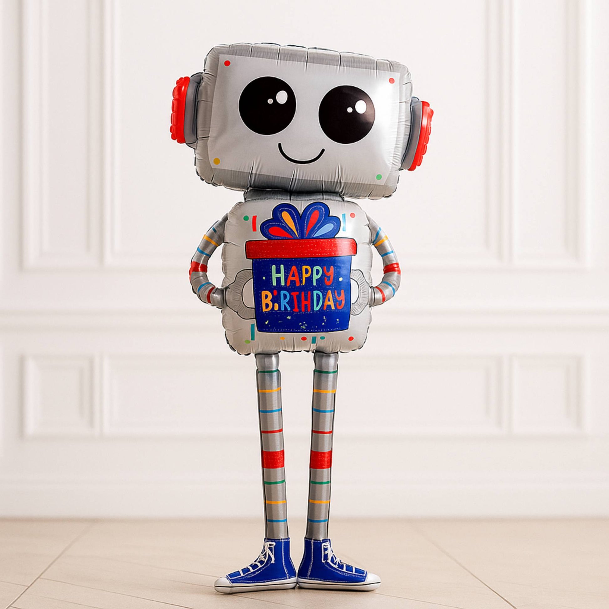 Robot-shaped balloon with 'Happy Birthday' text on a white background