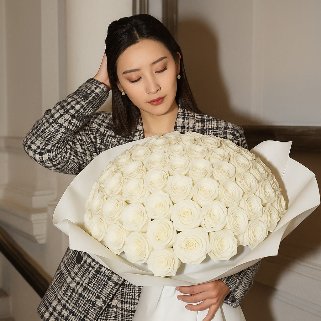 Luxury White Roses Flower Bouquet (33/66/99 Roses)