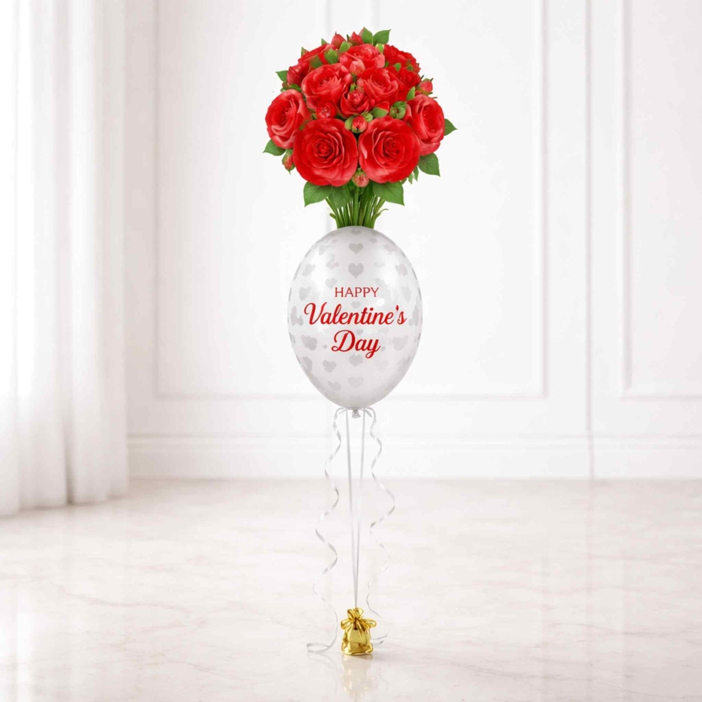 Bouquet of red roses in a balloon with 'Happy Valentine's Day' text on a white background