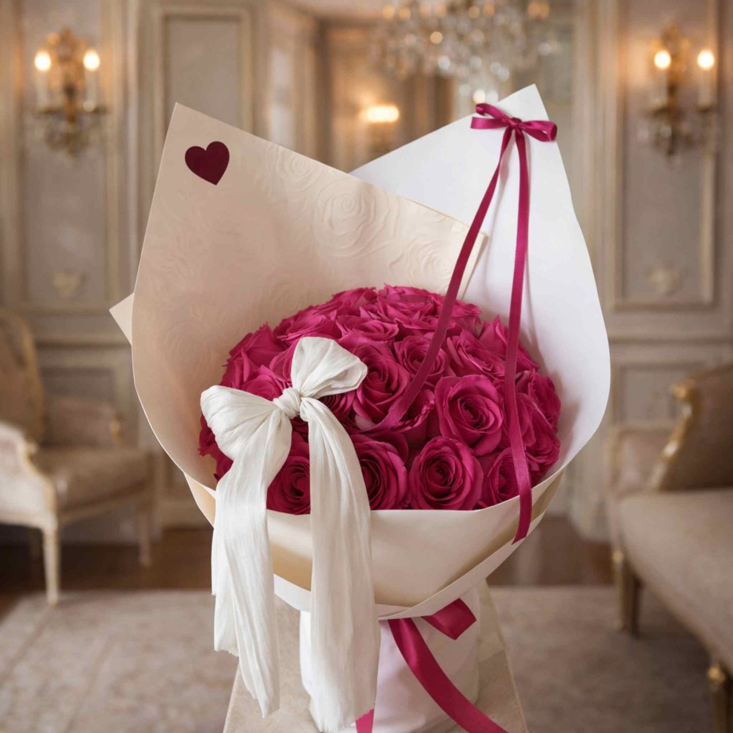 Bouquet of pink roses wrapped in white paper with a red heart and pink ribbon, set against an elegant interior background.