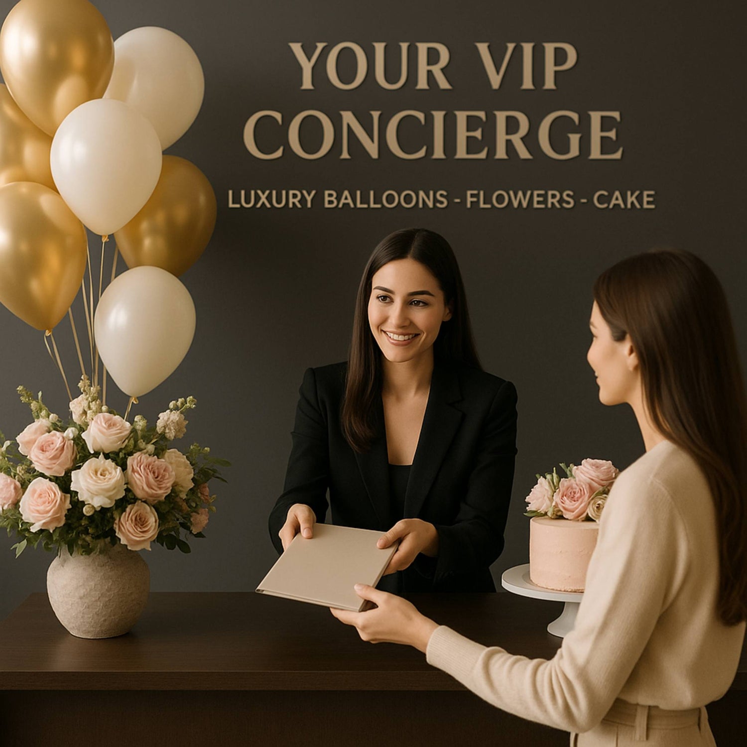 Two women with balloons, flowers, and a cake, with text about VIP concierge services.