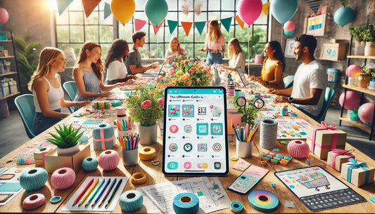 latex balloons blue and yellow with humans planning a party at a table