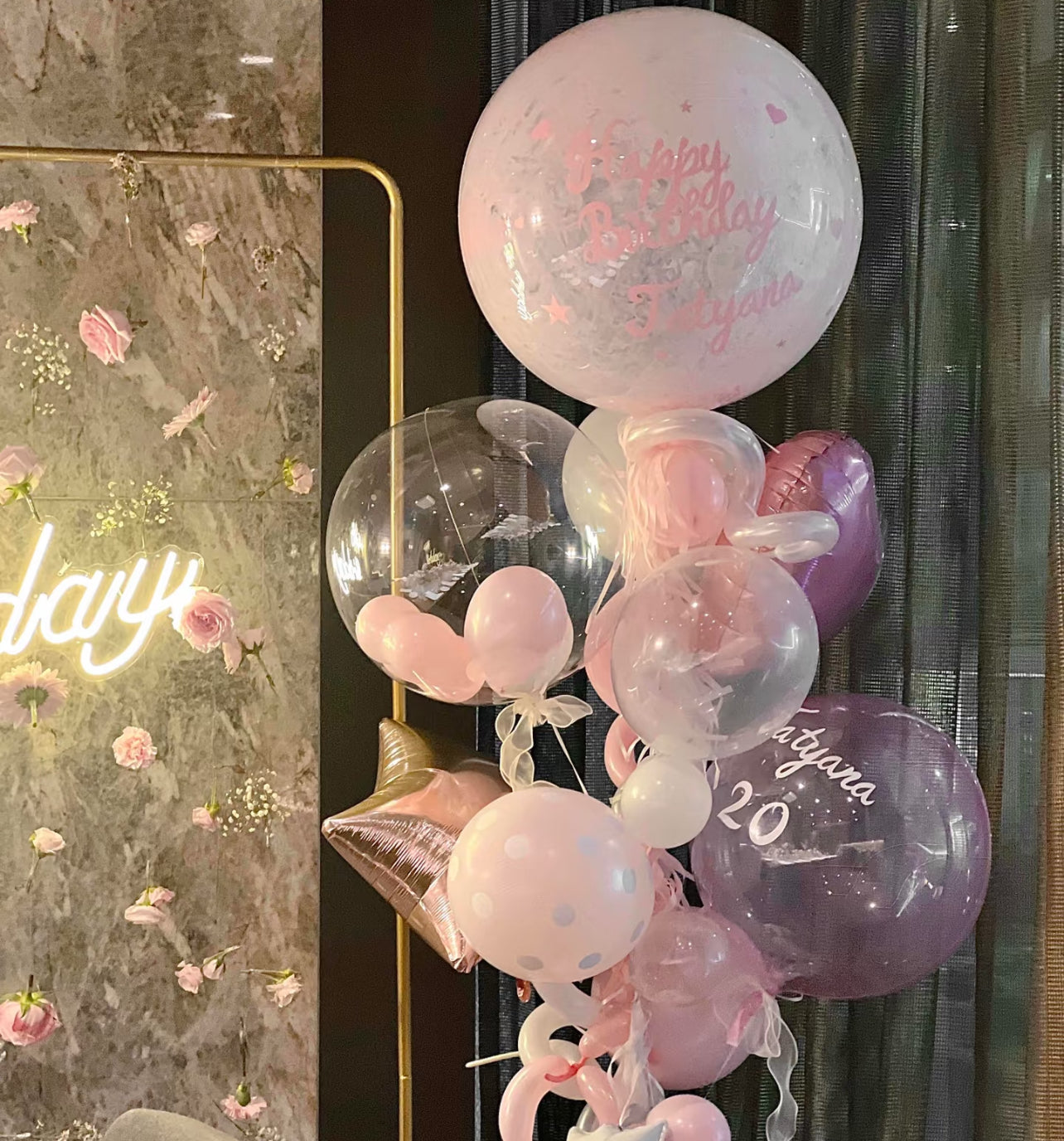 Beverly Hills Princess Birthday Glam Tan Pink Fresh Floral and Customized Helium Balloon Set