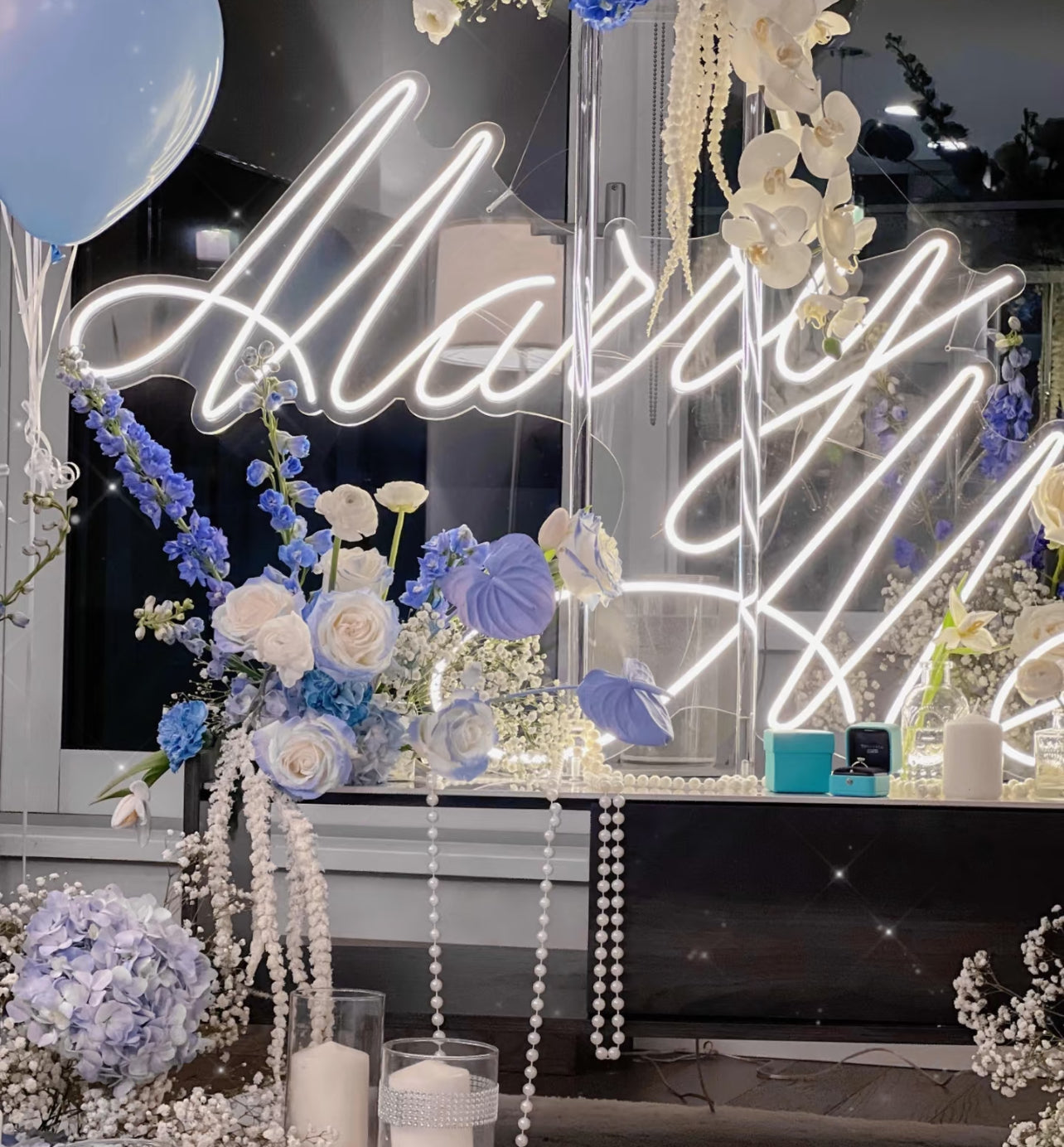 Luxury Proposal Wedding Dream Hollywood Blue water fresh floral and balloon decoration