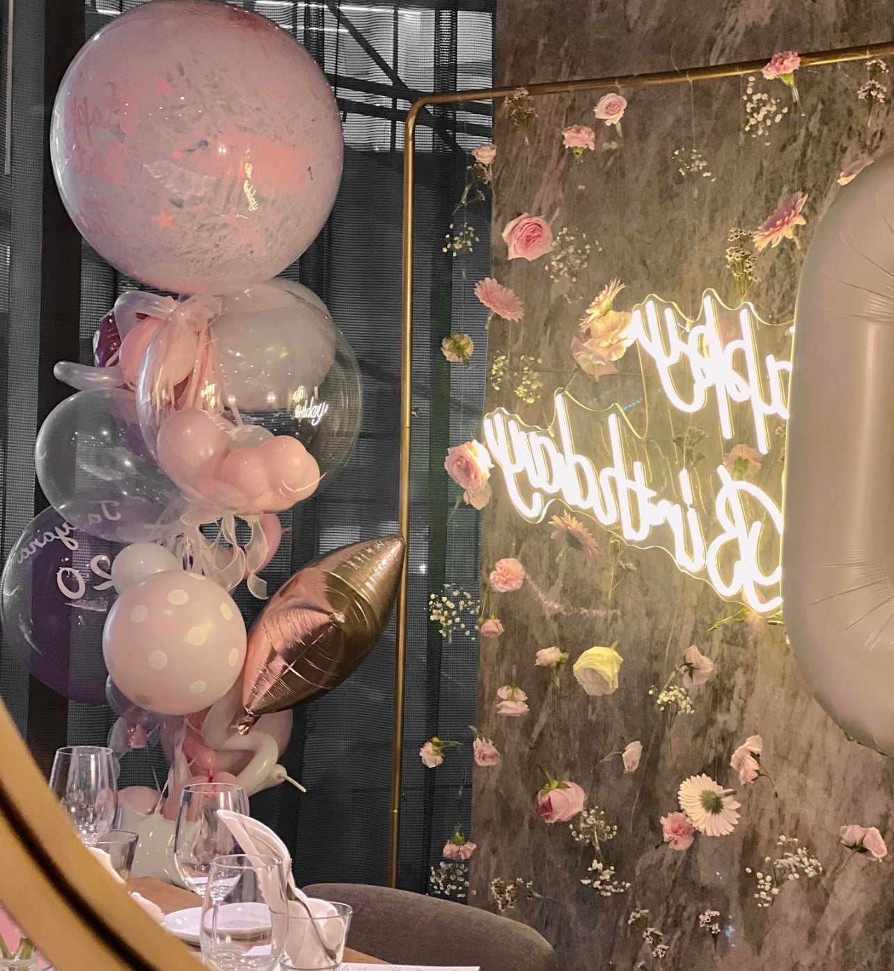 Beverly Hills Princess Birthday Glam Tan Pink Fresh Floral and Customized Helium Balloon Set