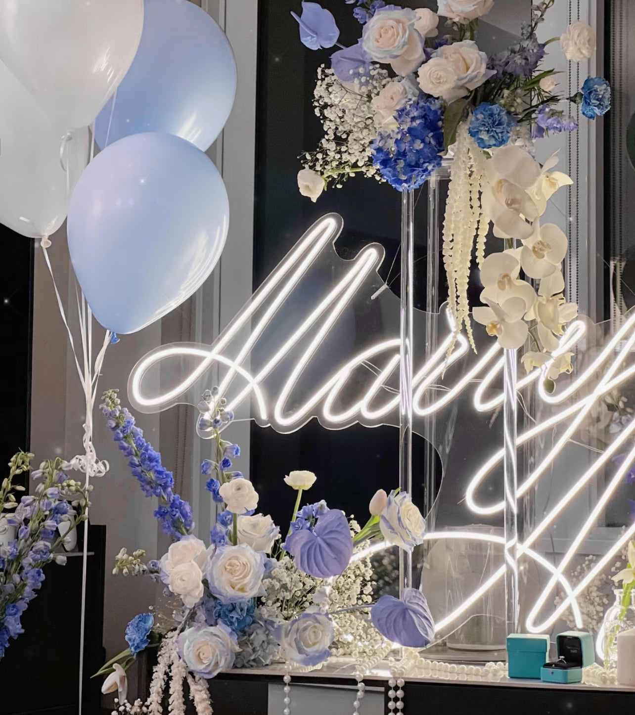 Luxury Proposal Wedding Dream Hollywood Blue water fresh floral and balloon decoration