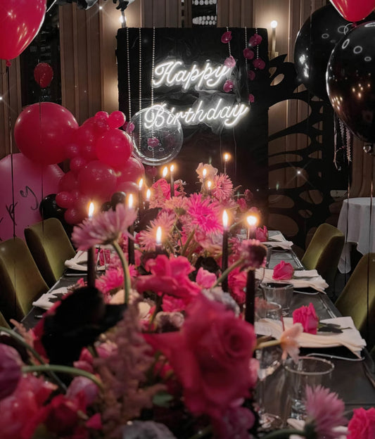 Luxury Hollywood Barbie Black Pink Fresh Floral and Balloon Backdrop Birthday Package