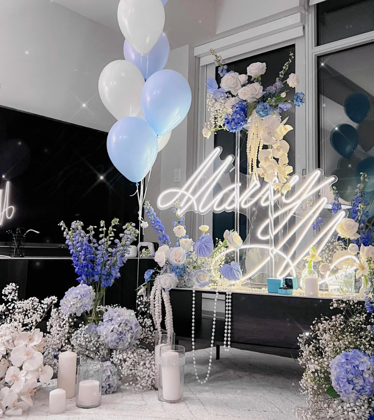 Luxury Proposal Wedding Dream Hollywood Blue water fresh floral and balloon decoration