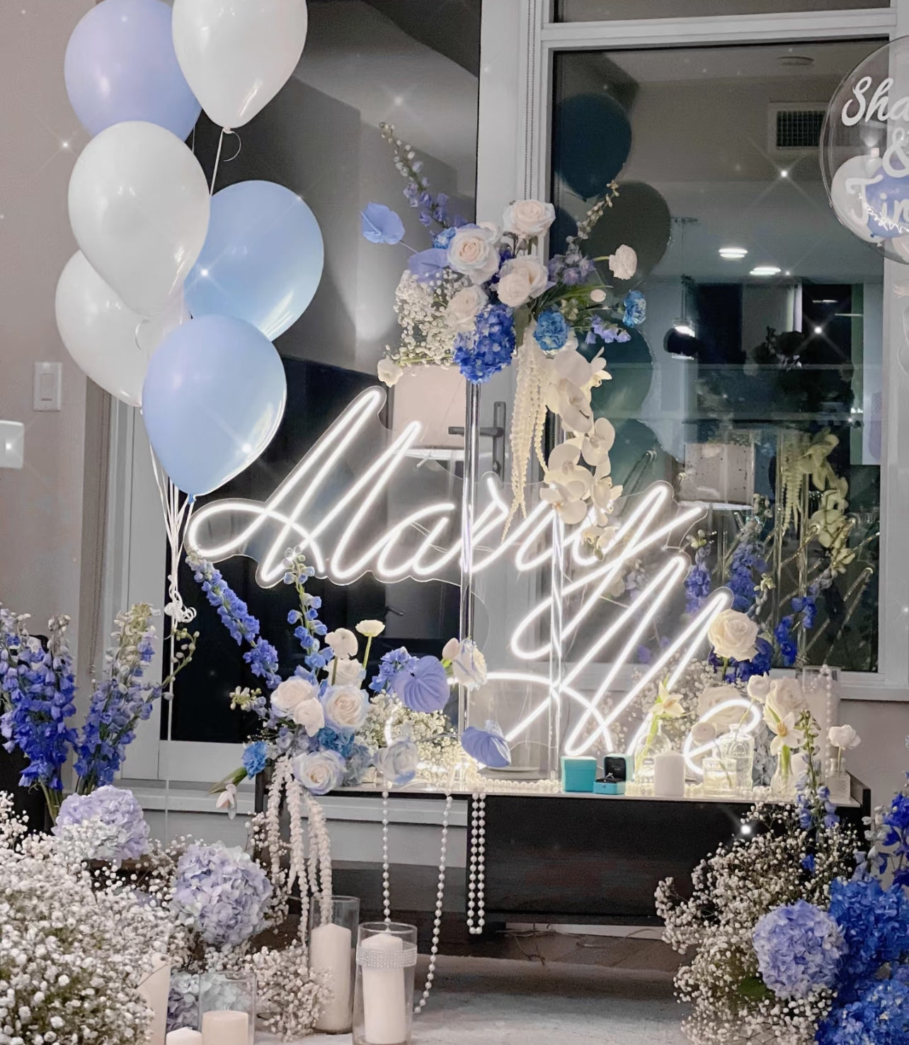 Luxury Proposal Wedding Dream Hollywood Blue water fresh floral and balloon decoration