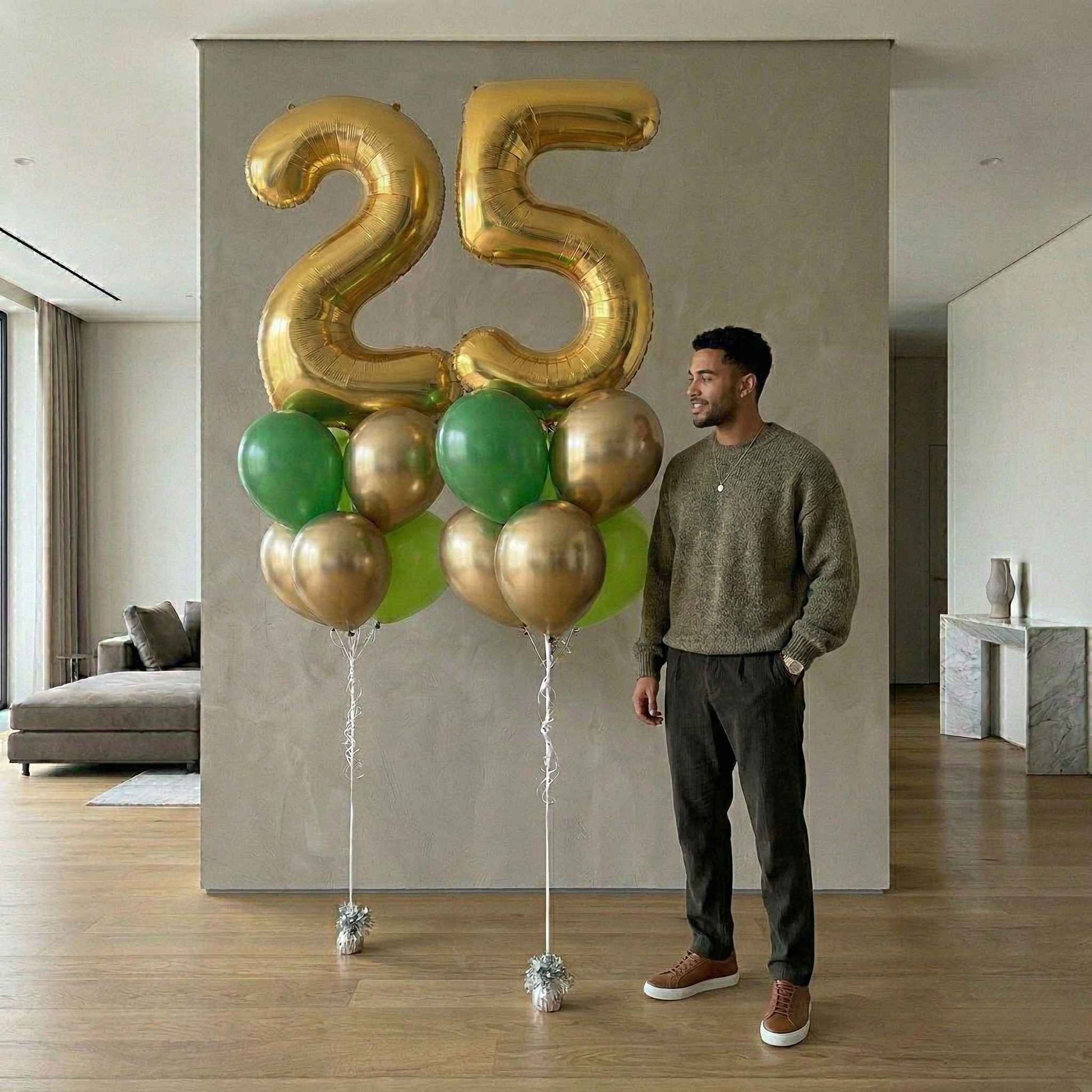 Balloon bouquet two and five in a house, setting gold and green man standing 