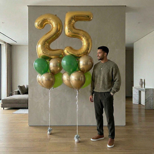 Balloon bouquet two and five in a house, setting gold and green man standing 