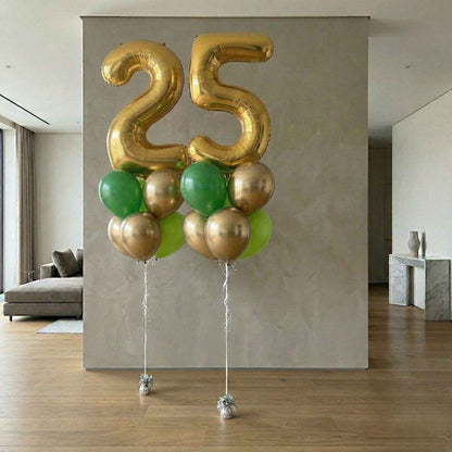Balloon bouquet two and five in a house, setting gold and green