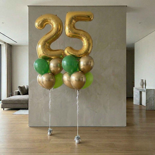 Balloon bouquet two and five in a house, setting gold and green