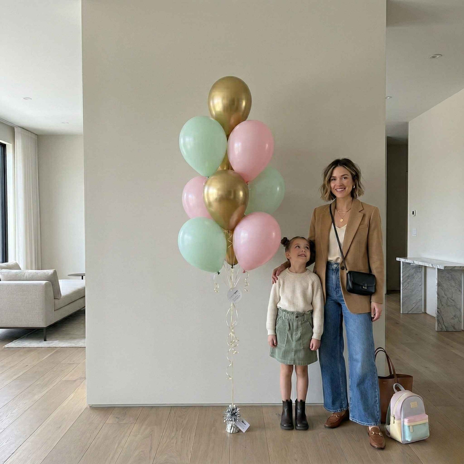 Woman and child standing in a modern living room with balloons
