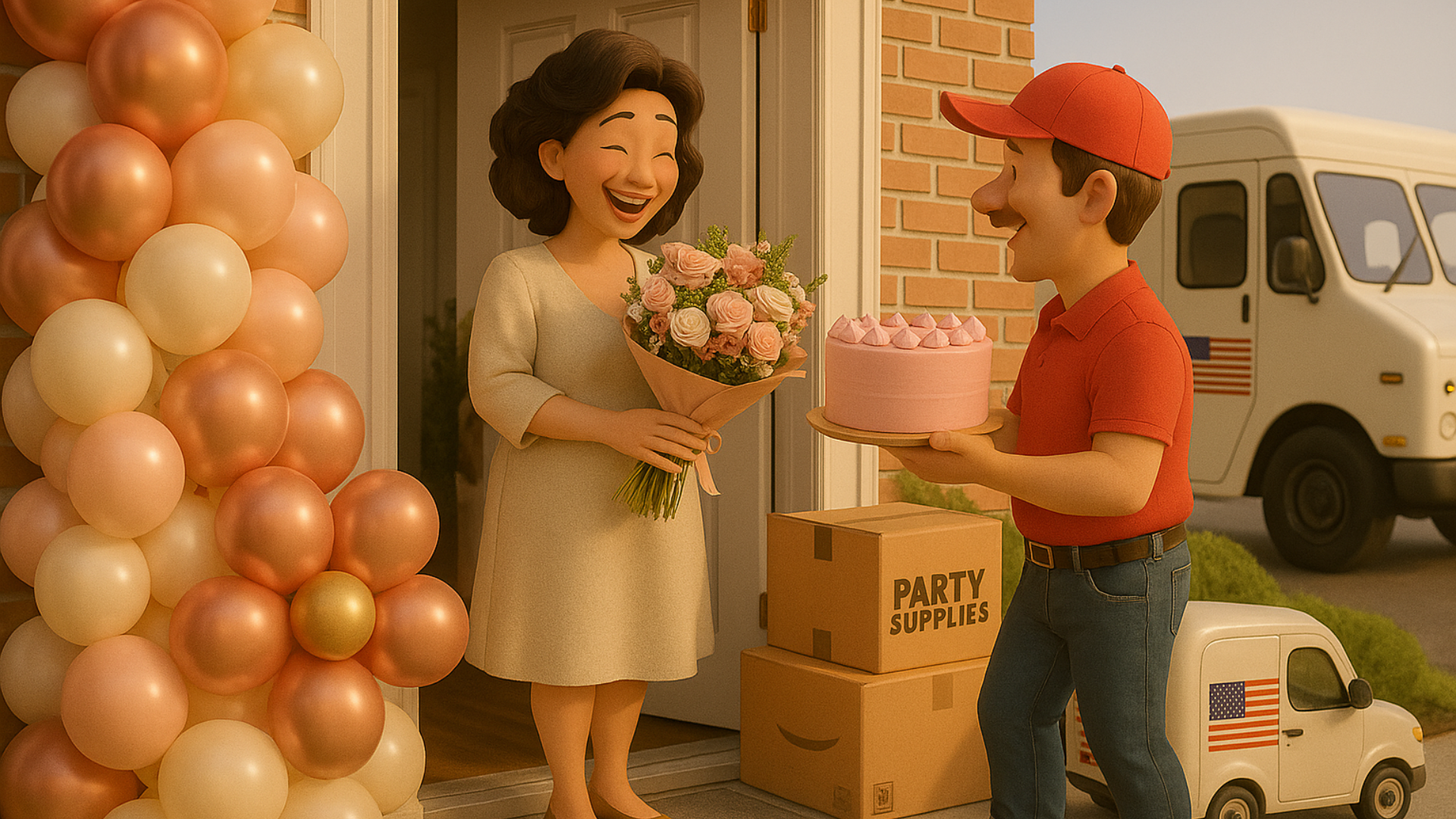 one woman with flowers and a man delivering a cake and flowers to a woman with balloons and a van in the background.