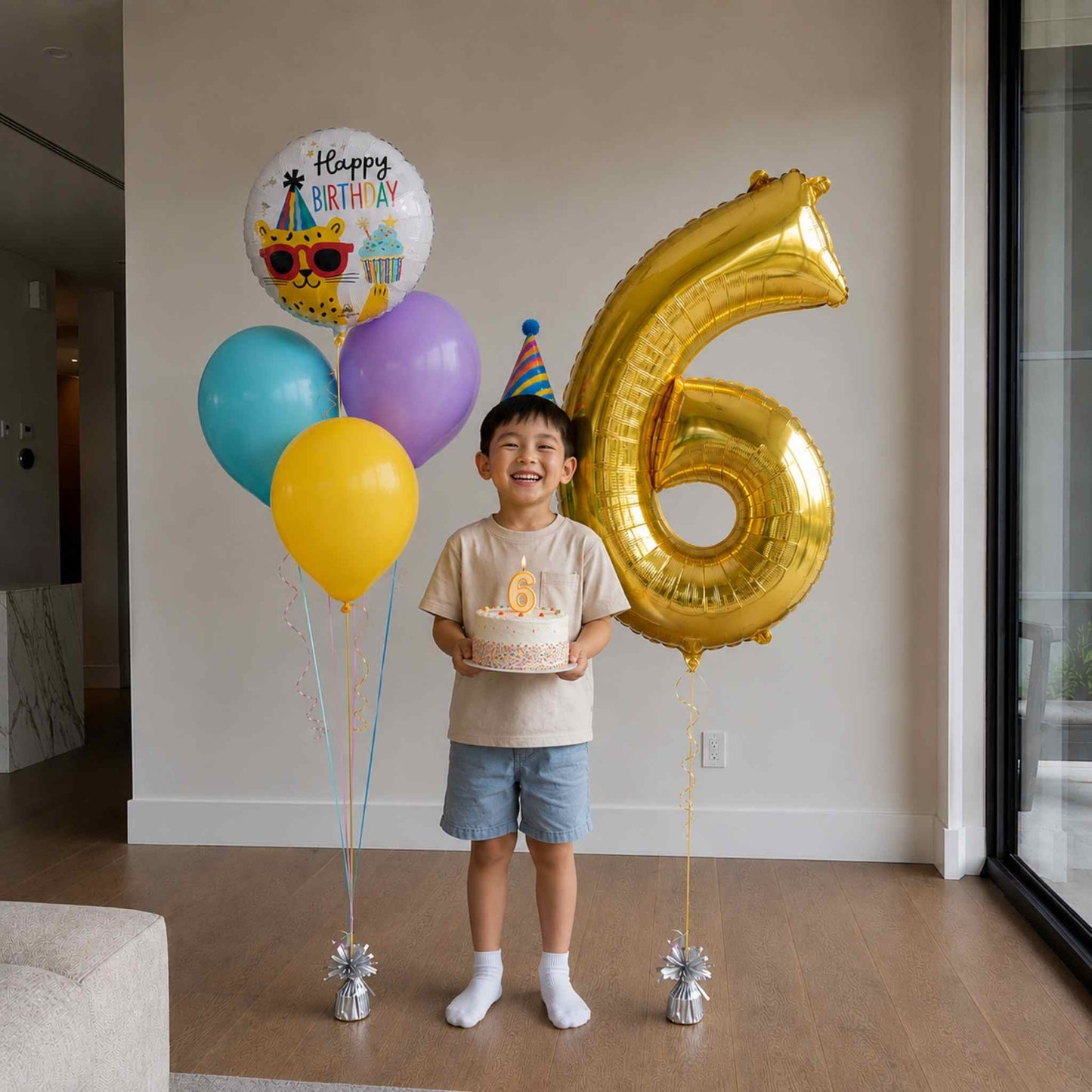 A young boy wearing a party hat stands indoors holding a small birthday cake, flanked by colorful balloons including a large gold foil balloon shaped like the number 6, a blue balloon, a purple balloon, and a white 'Happy Birthday' balloon.