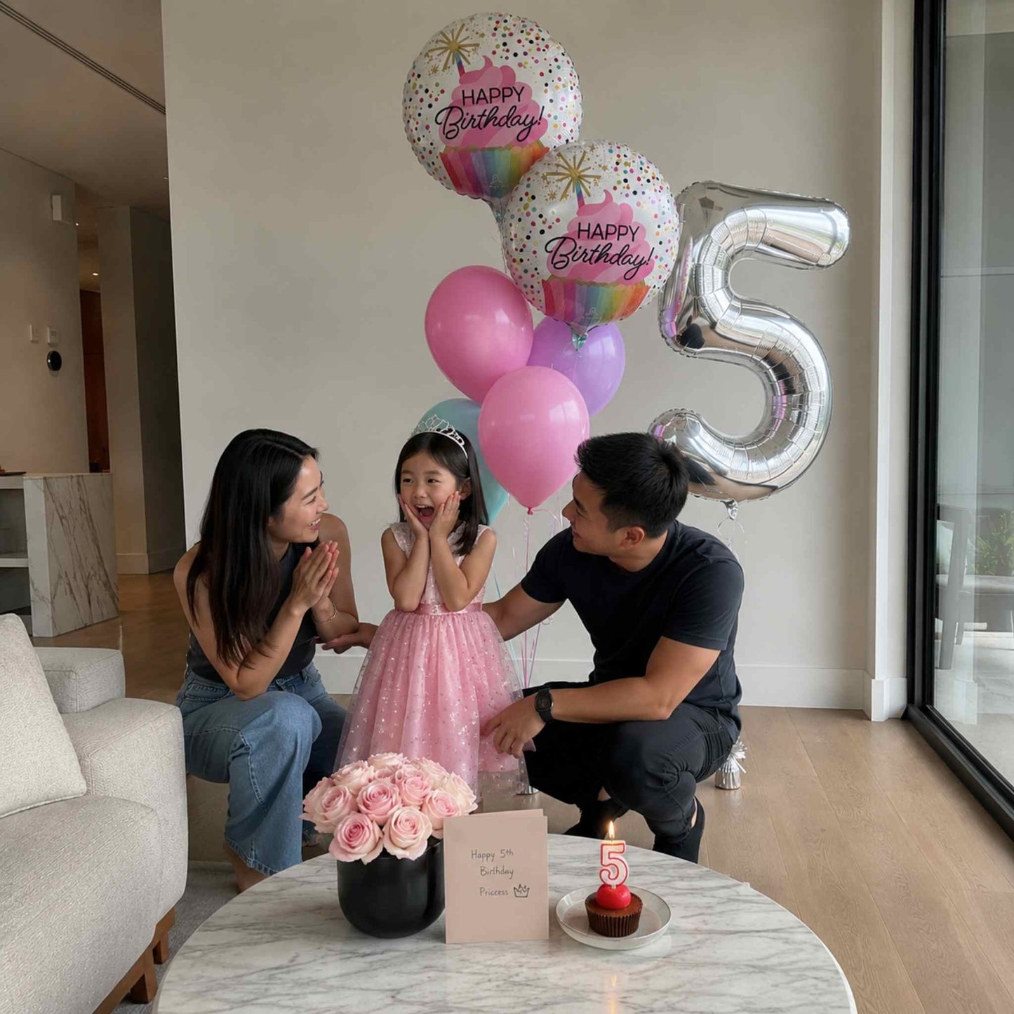 A family of three celebrates a daughter's 5th birthday in a modern living room. The scene features a large metallic silver '5' balloon, colorful 'Happy Birthday' balloons, a round marble coffee table with a pink rose bouquet and a birthday cupcake with a '5' candle, and the family gathered closely together.