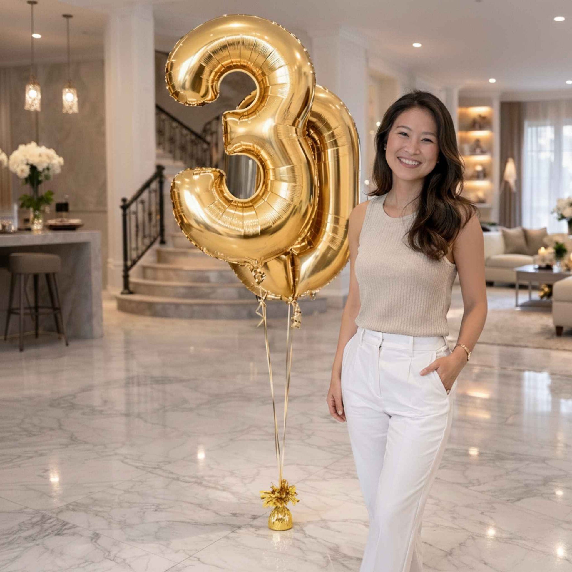 Woman holding gold number 3 and 0 foil balloons in a luxurious home setting