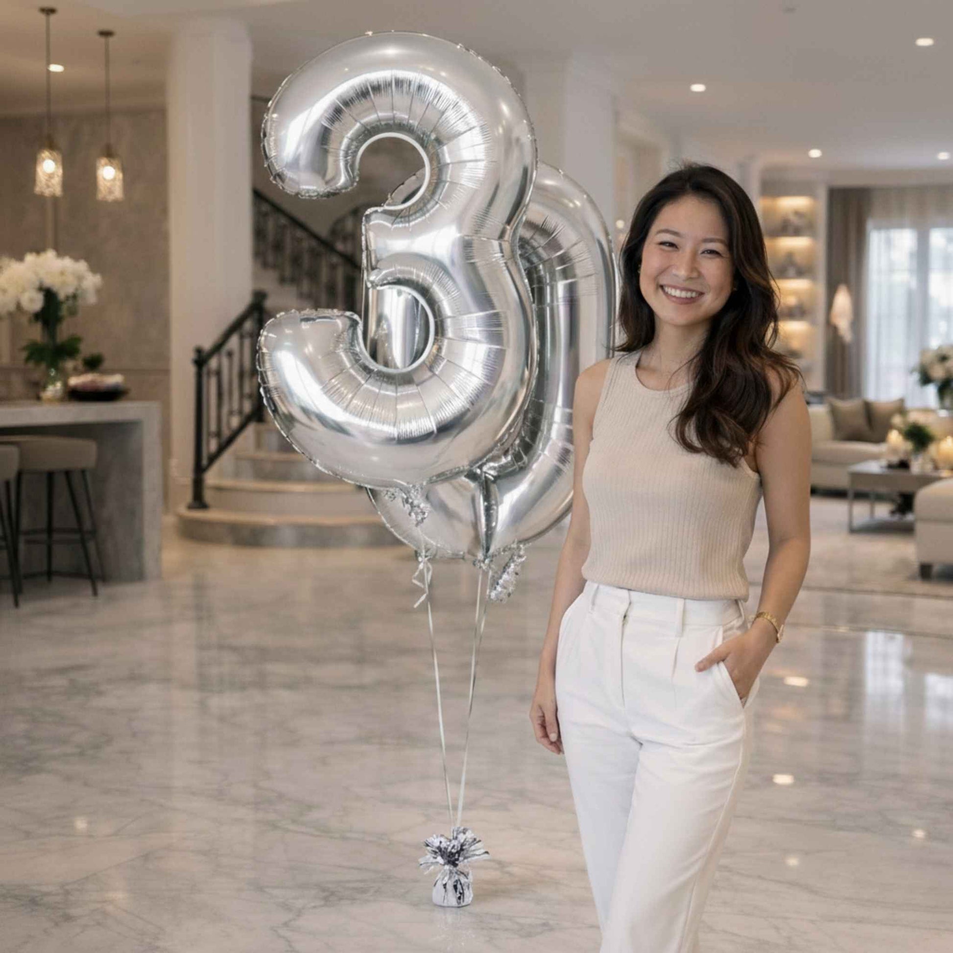 Woman standing in a modern living room with large silver number 3 and 0 balloons.