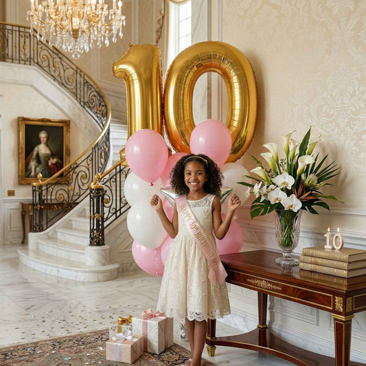Young girl in a white dress with a sash, surrounded by balloons and a large number 10 balloon in a elegant interior setting.