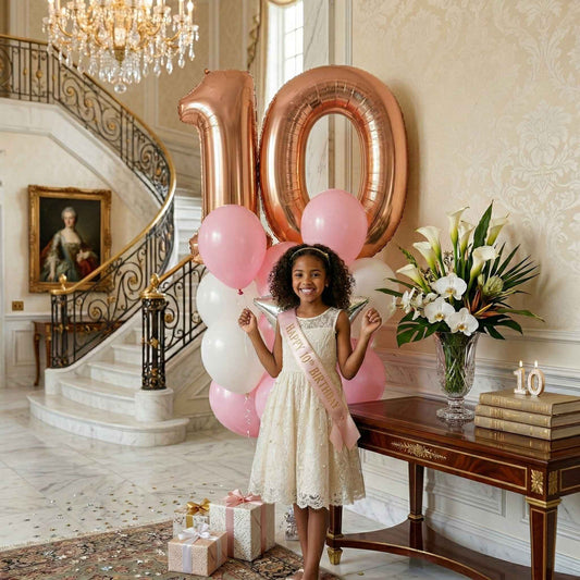 Young girl celebrating a birthday with rose gold number balloons and a sash in an elegant interior setting.
