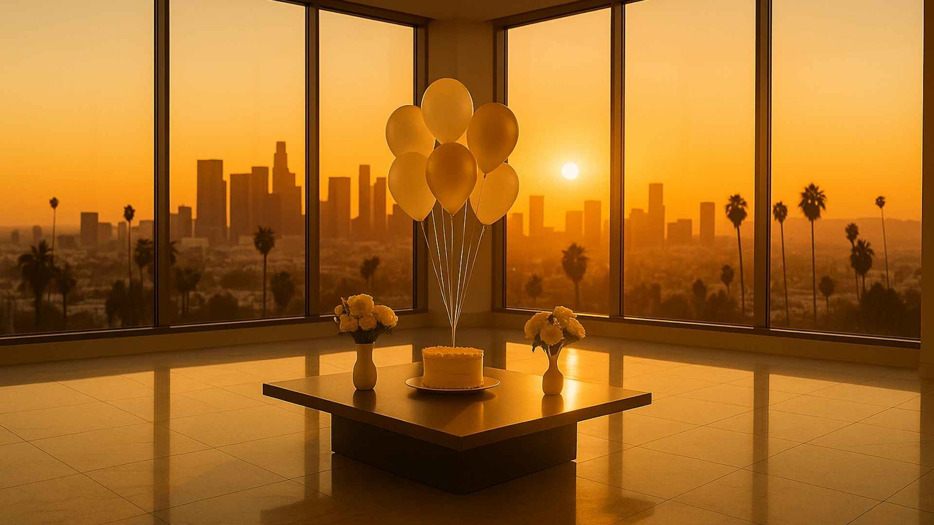 Decorative setup with balloons, cake, and teddy bear in a room with a cityscape view during sunset.