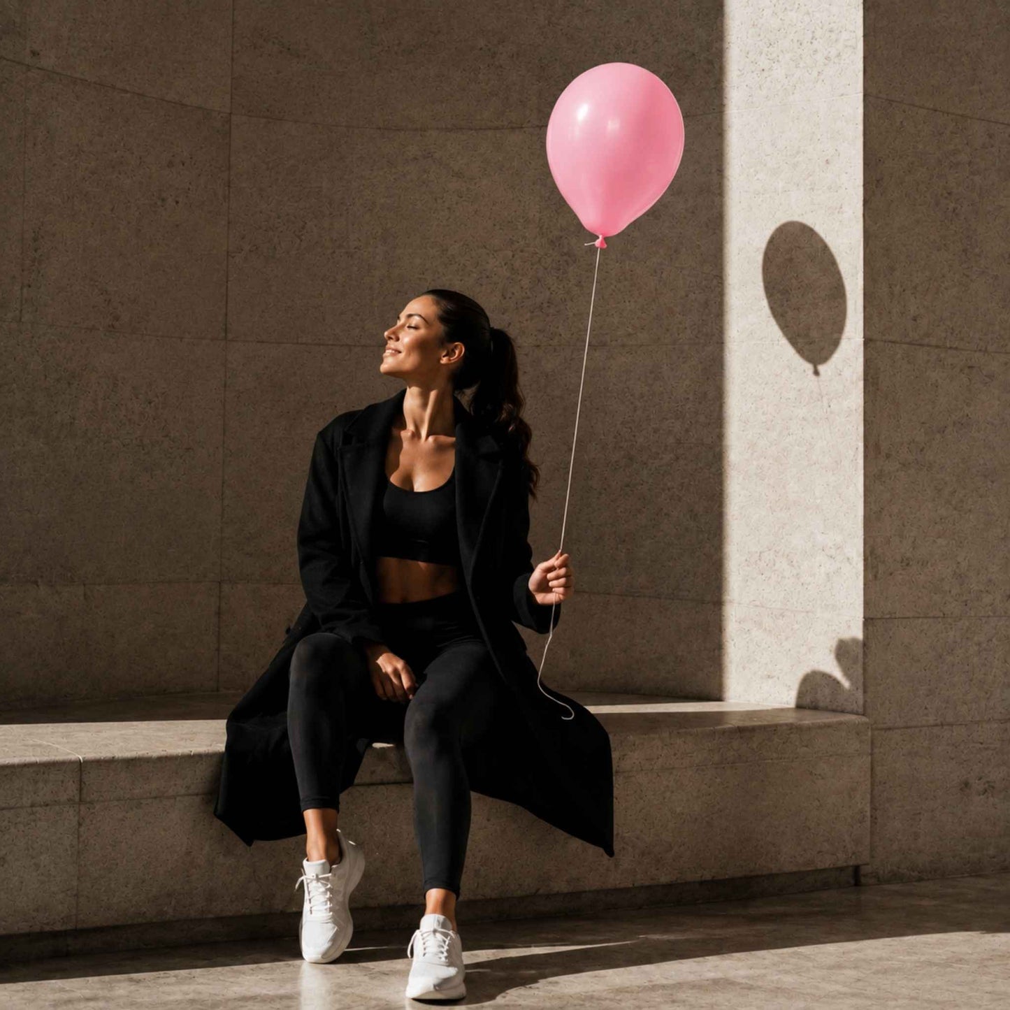 A woman in a black activewear set and long black coat sits on a concrete ledge, holding a pink balloon against a sunlit stone wall.