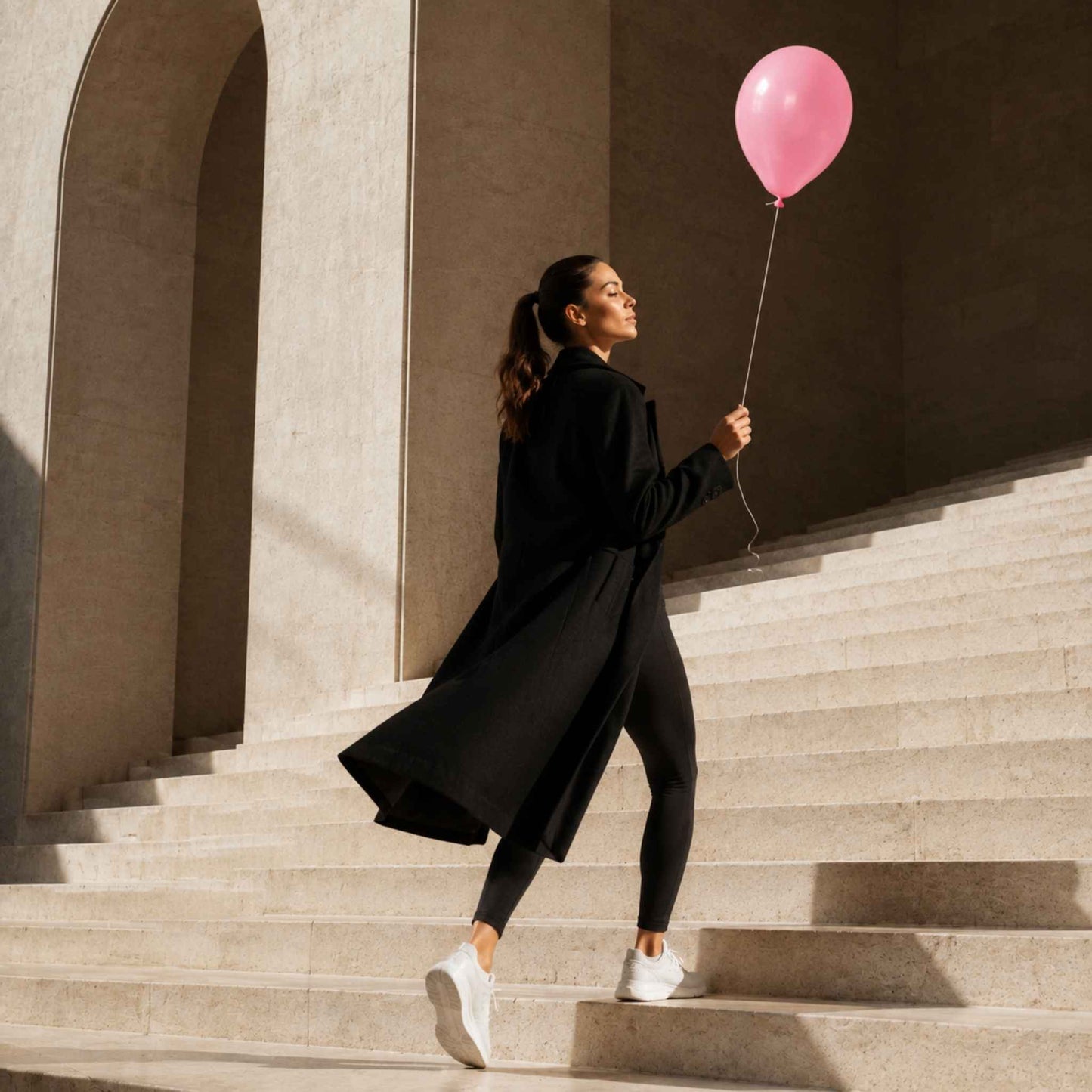 A woman in a long black coat, black leggings, and white sneakers walks up stone stairs while holding a pink balloon.