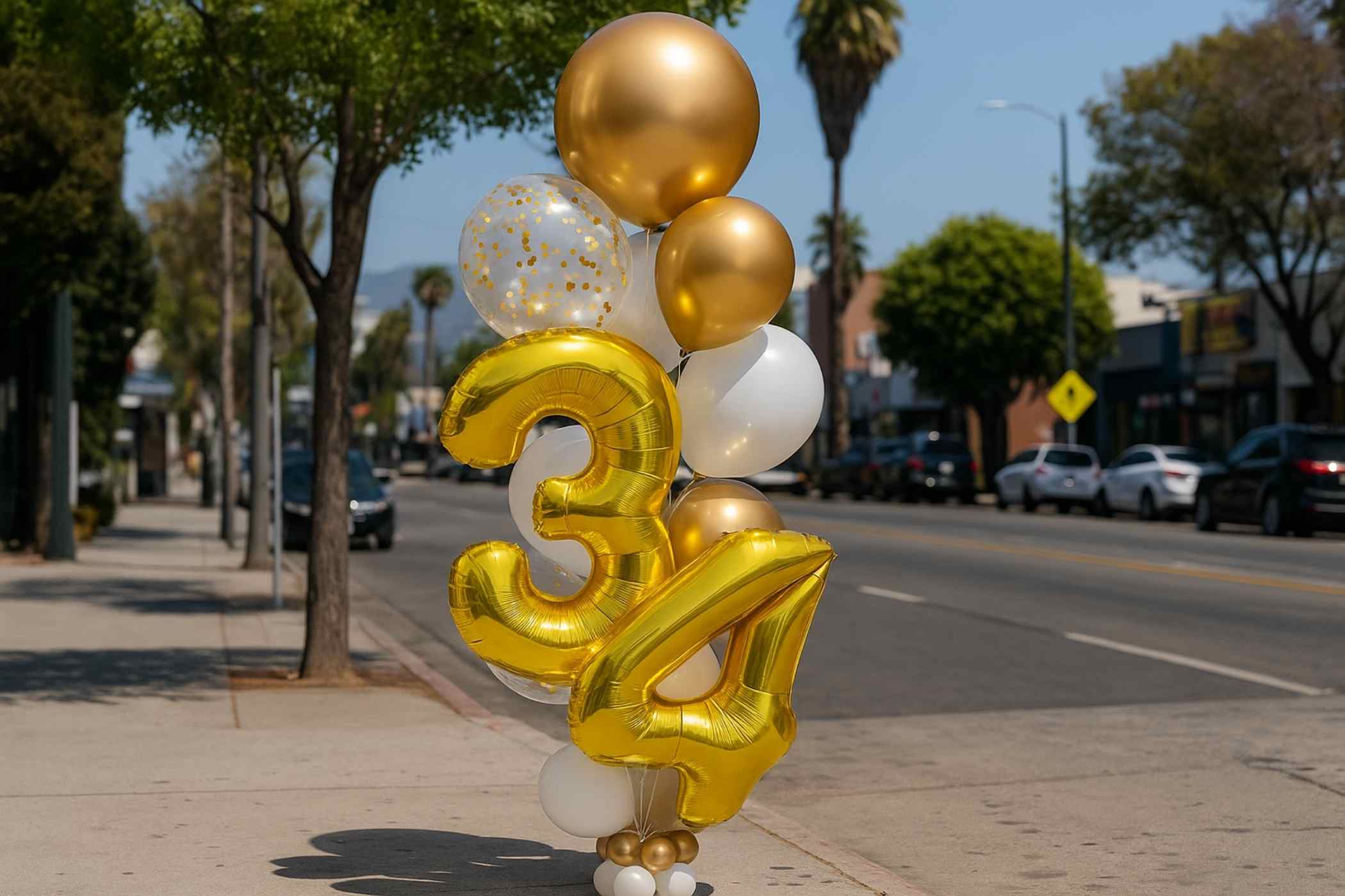 Gold, white, and silver balloons spelling '34' on a street with trees and cars in the background.