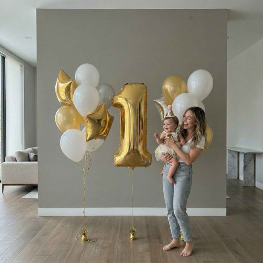 balloon bouquet gold number 1 foil mom holding baby house