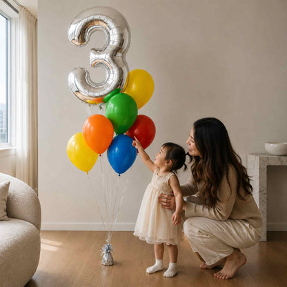A woman and a young child crouch in a bright room next to a cluster of colorful balloons, including a large metallic silver balloon shaped like the number 3.