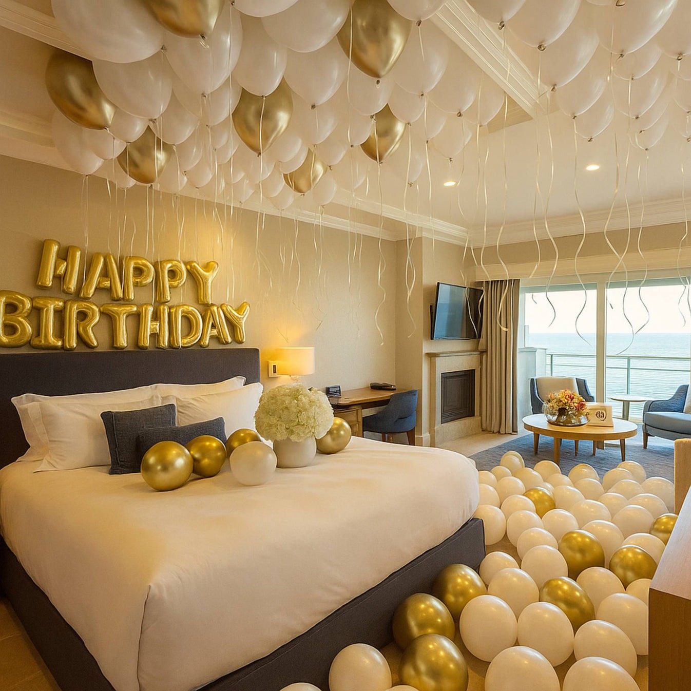 Birthday White and Chrome Gold Balloons Hotel Room Celebration Package
